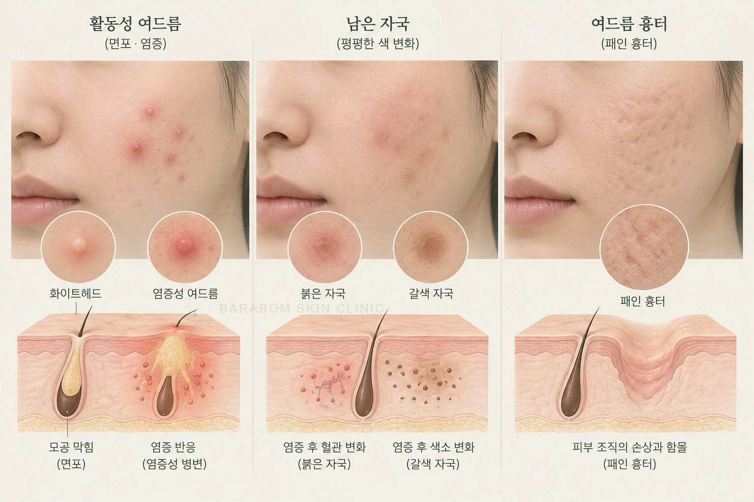 진행 중인 여드름과 반복되는 문제, 남은 흔적을 구분한 그림