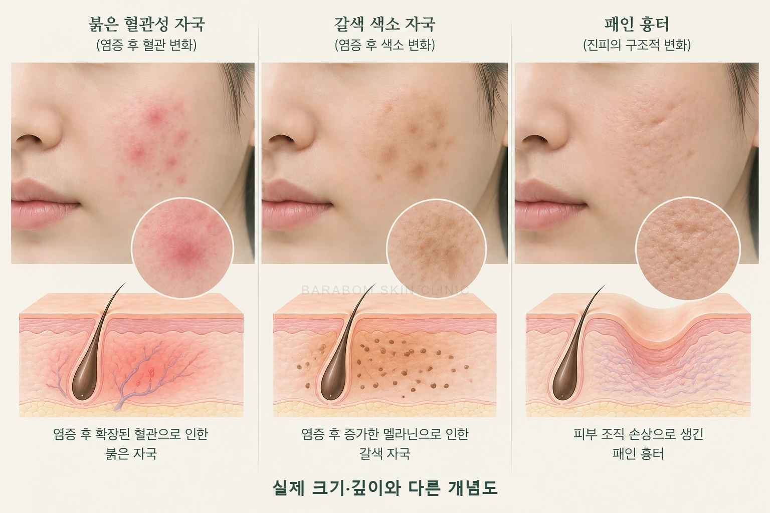 여드름 뒤 붉은 자국과 색소·표면 변화를 비교한 그림
