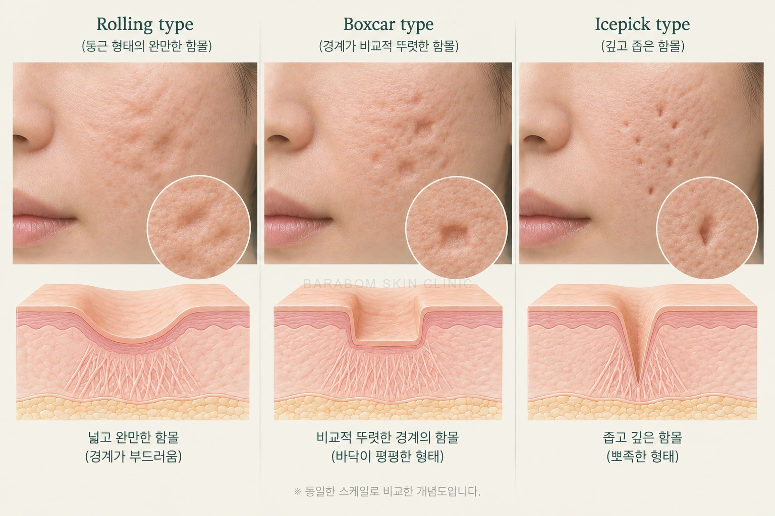 여드름 흉터의 서로 다른 형태를 비교한 그림