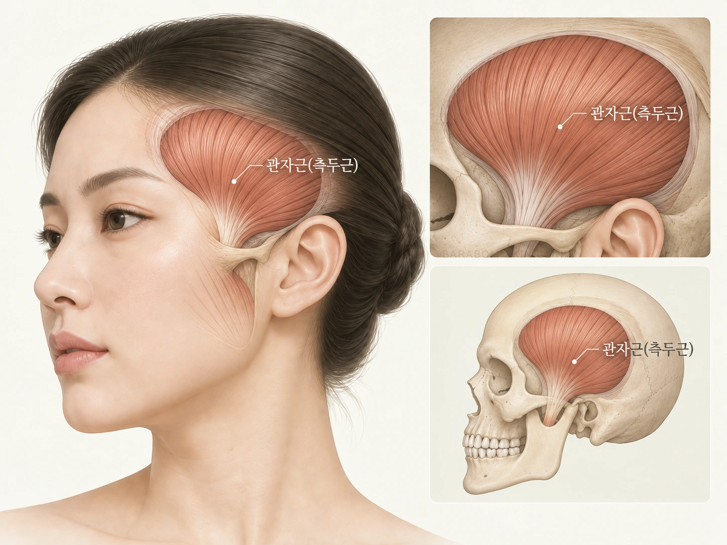 관자근과 주변 조직의 위치를 구분한 그림