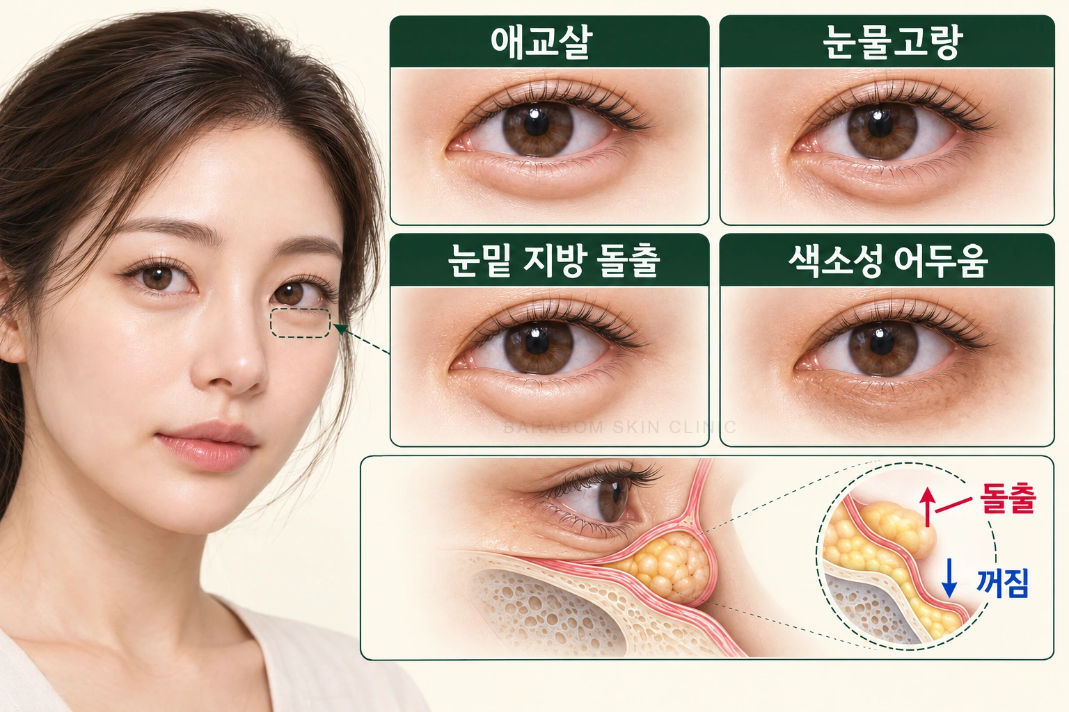 눈밑 꺼짐과 불룩함, 색 변화의 위치를 비교한 그림