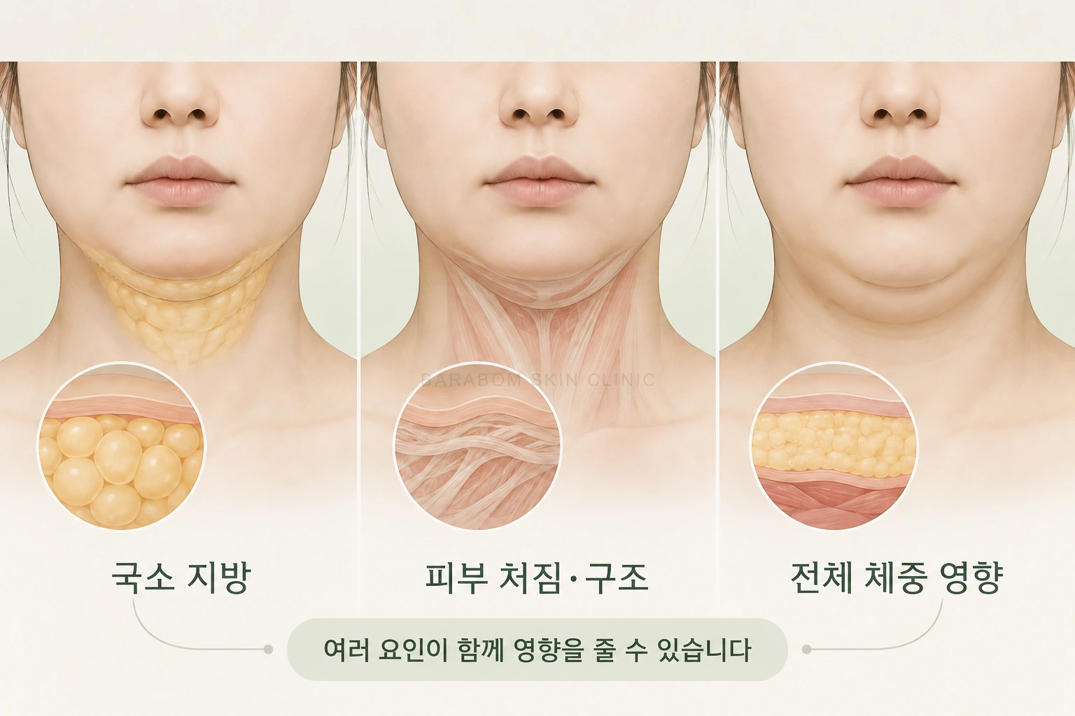 턱밑 윤곽에 영향을 주는 국소 지방, 피부 처짐·구조, 전체 체중을 비교한 그림