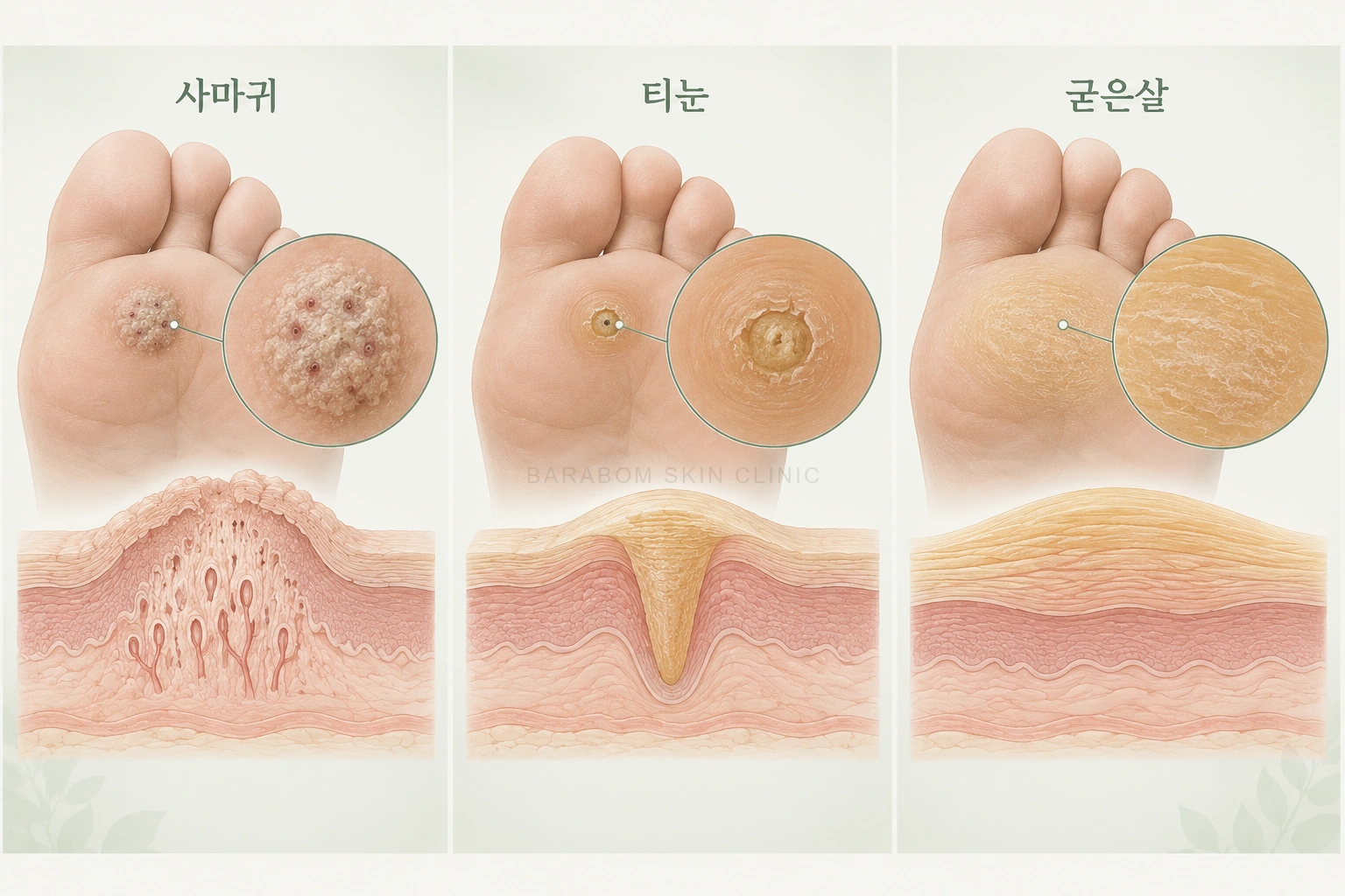 사마귀와 티눈, 굳은살의 형태를 비교한 그림