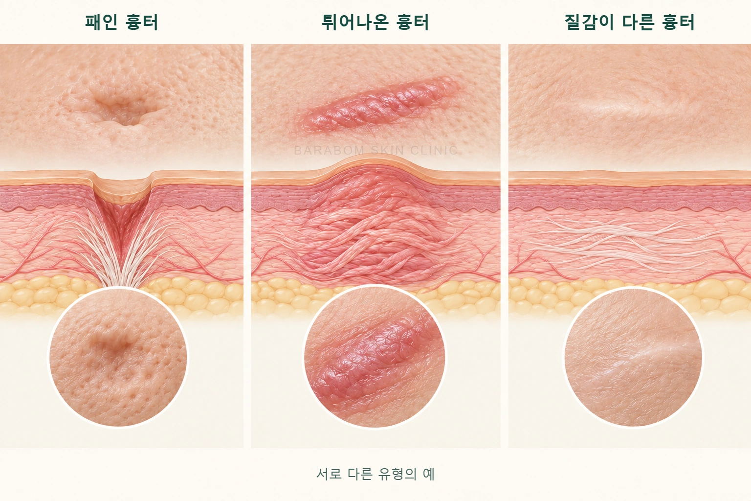 패인 흉터와 융기된 흉터, 질감 차이를 비교한 그림