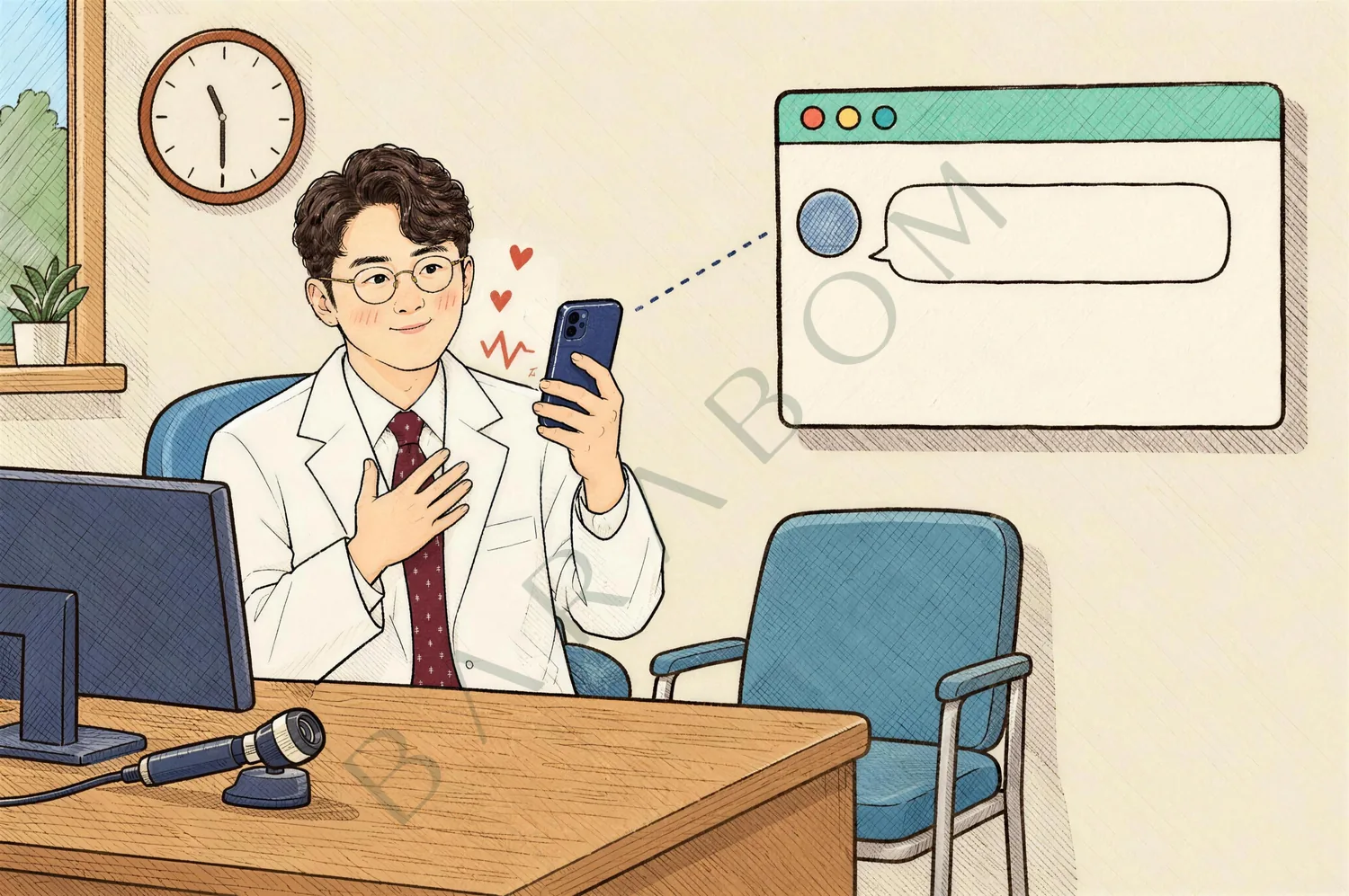 진료실에서 장비 설치 완료 메시지를 받고 가슴에 손을 얹은 이상근 원장 일러스트