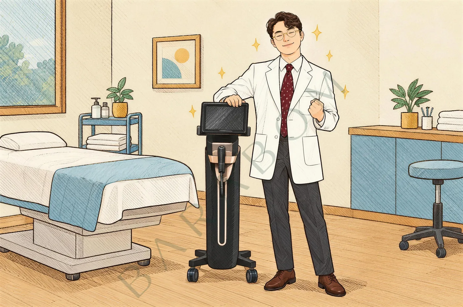 첫 시술을 마친 덴서티 느와르 옆에서 뿌듯해하는 이상근 원장 일러스트
