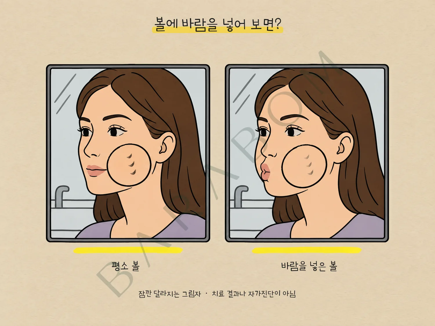 가상의 그림 인물이 거울 앞에서 볼에 바람을 넣기 전과 넣은 때의 그림자를 관찰하는 설명 그림. 동그라미로 같은 볼 부위를 표시.